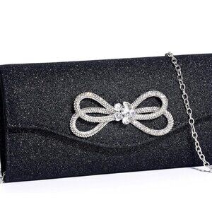 Women's Black Glitter Crystal Bow Evening Unique Luxury Flap Clutch Handbag